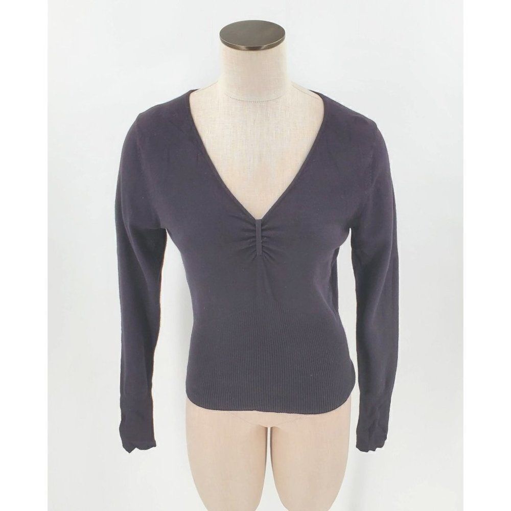 Willi Smith Womens Sweater V Neck Ruched Long Sleeve Black Size Large Soft